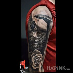 Tattoo Continuation of the sleeve on the upper arm motif: characters style: realistic