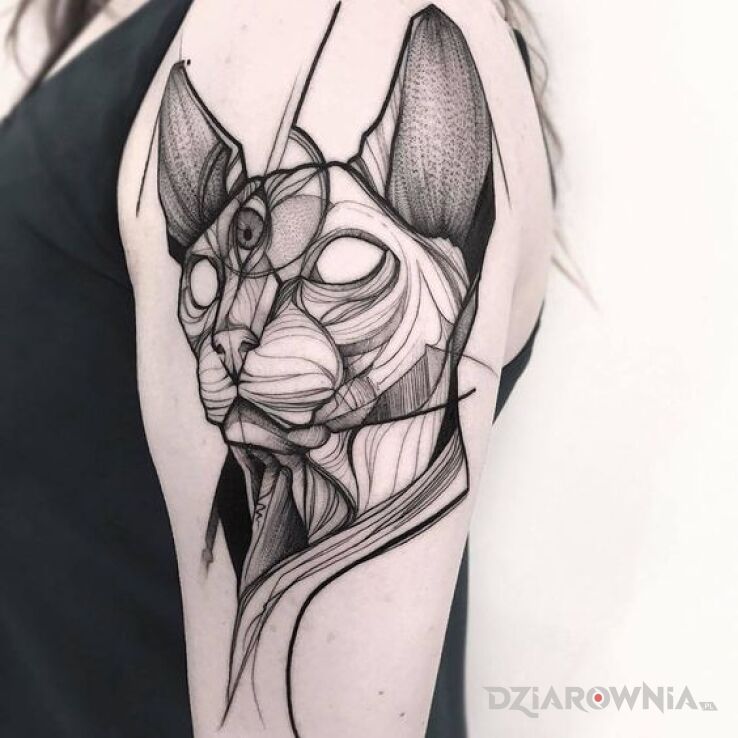 Tatuaż Lajnwork w motywie czarno-szare i stylu szkic na ramieniu