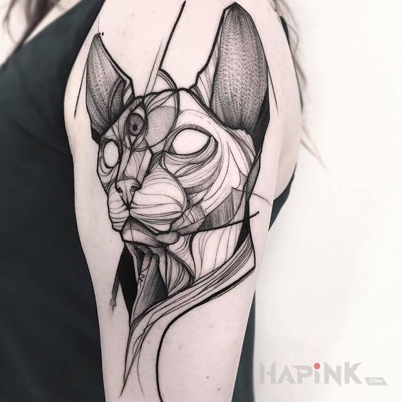 Tattoo Lajnwork in black and gray motif and sketch style on the upper arm