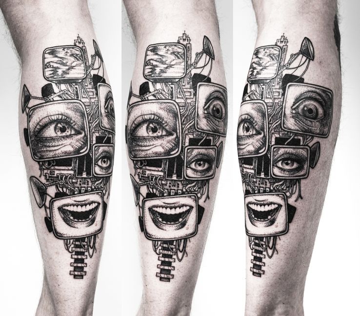Tatuaż szaleństwo  madness  cyperpunk w motywie pozostałe i stylu graficzne / ilustracyjne na łydce