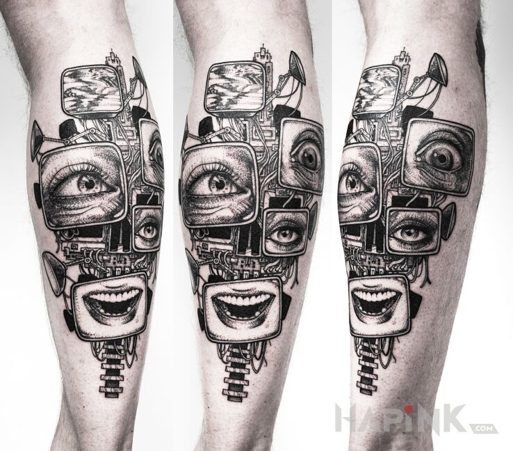 Tattoo Szaleństwo / Madness / Cyperpunk in black and gray motif and graphic / illustrative style on the calf
