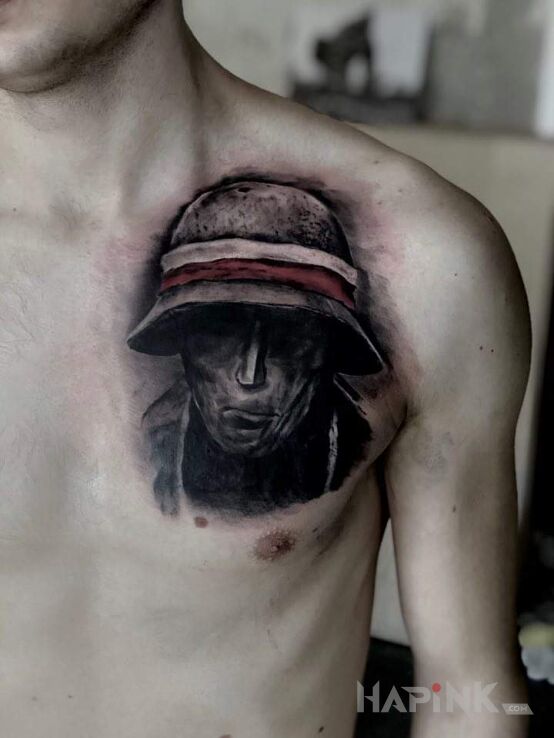 Tattoo Cover - Powstaniec in black and gray motif and graphic / illustrative style on the chest