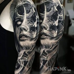 Tattoo The skull smokes along with the face on the upper arm motif: 3D style: realistic