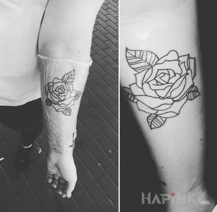 Tattoo Druga róża in flowers motif and contour / linework style on the forearm