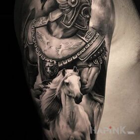 Tattoo Warrior on horseback on the upper arm motif: 3D style: realistic