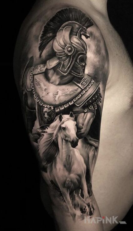 Tattoo Wojownik na koniu in black and gray motif and realistic style on the upper arm