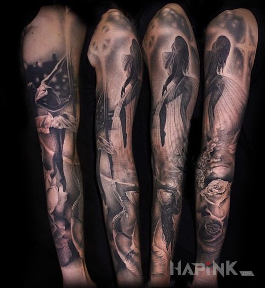 Tattoo Baletnica in flowers motif and realistic style on the forearm