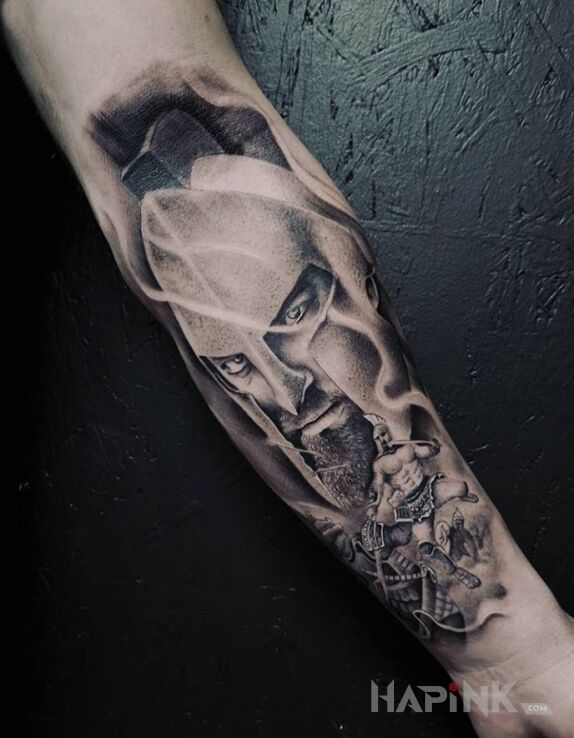 Tattoo 300 in 3D motif and realistic style on the forearm