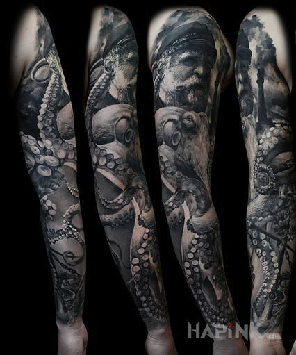 Tattoo Wilk morski in faces motif and realistic style on the forearm