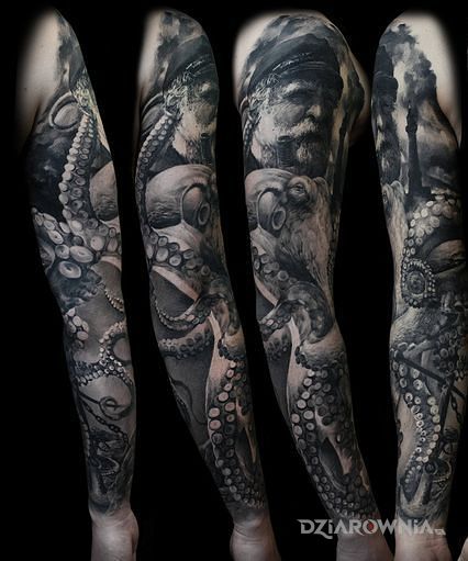 Tatuaż wilk morski w motywie rękawy i stylu realistyczne na ramieniu