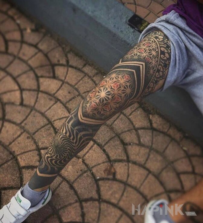 Tattoo Geometric shapes in legsleeves motif and geometric style on the calf