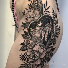 Tattoo Mountains in the heart on the hip motif: nature style: graphic / illustrative