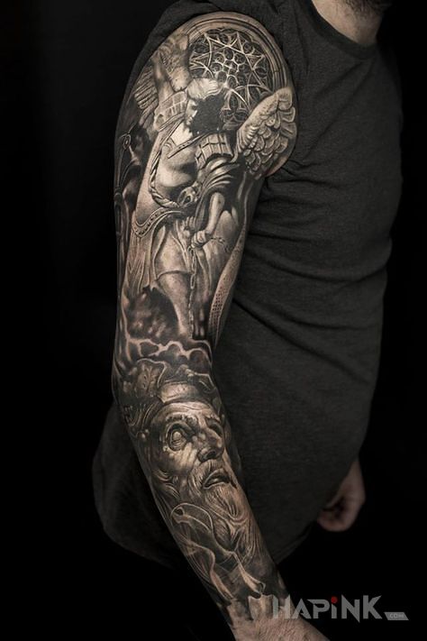Tattoo Archanioł in sleeves motif and realistic style on the forearm