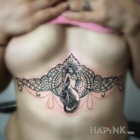 Tattoo Mermaid in ornaments on the stomach motif: black and gray style: graphic / illustrative