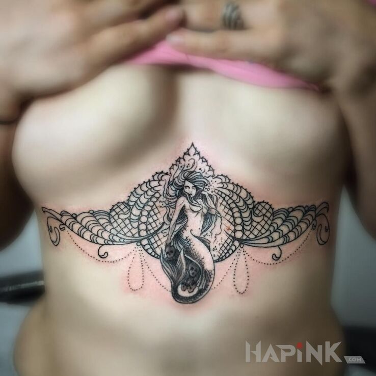 Tattoo Syrena w ornamentach in black and gray motif and graphic / illustrative style on the stomach