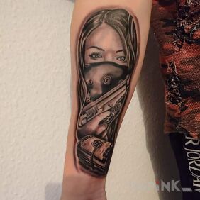 Tattoo Girl with a gun on the forearm motif: faces style: realistic