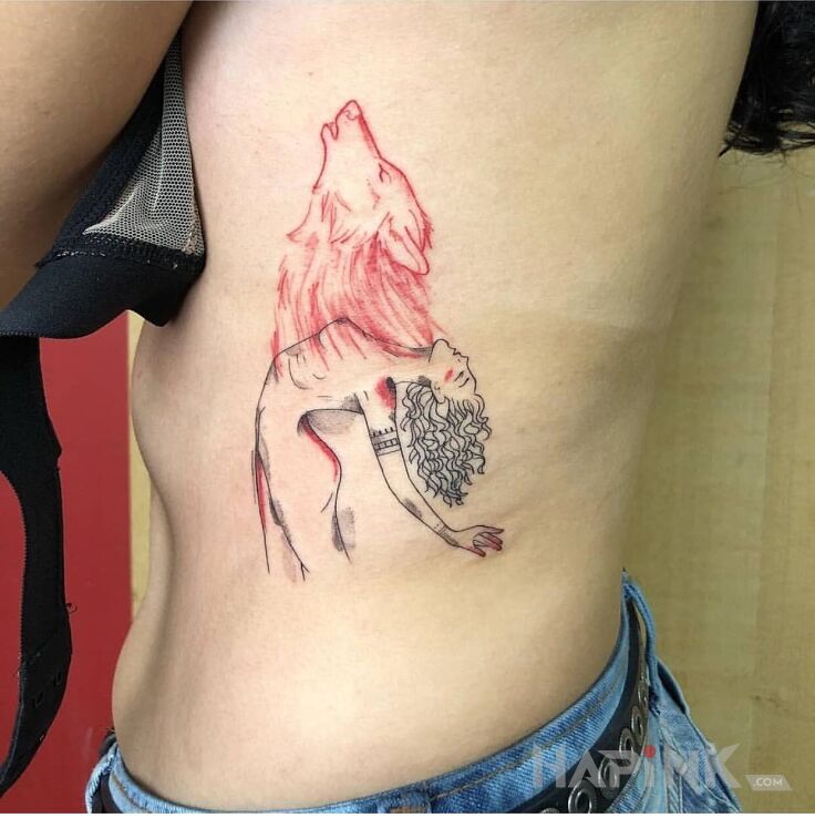 Tattoo Duch wilka in black and gray motif and graphic / illustrative style on the ribs