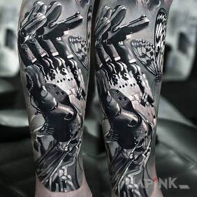 Tattoo Cyber hand on the calf motif: 3D style: realistic