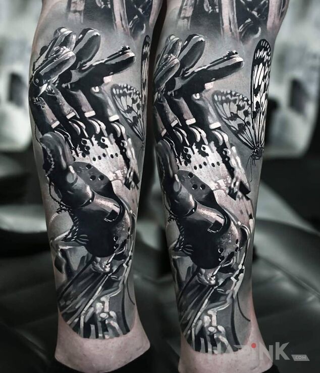Tattoo Cyber reka in butterflies motif and realistic style on the calf