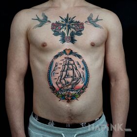 Tattoo Old school ship for the sailor on the chest motif: animals style: oldschool