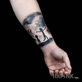 Tattoo Rick & Morty on the forearm motif: characters style: graphic / illustrative