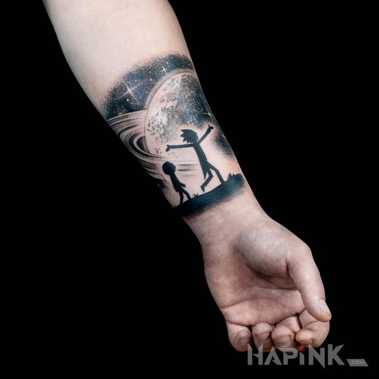 Tattoo Rick & Morty in black and gray motif and graphic / illustrative style on the forearm