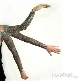 Tattoo Sleeve - lynx, owl and mandalas on the upper arm motif: sleeves style: geometric