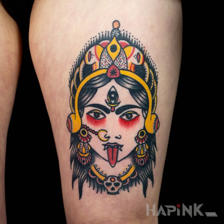 Tattoo Kali in religious motif and oldschool style on the leg