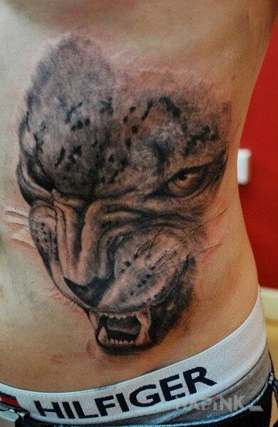 Tattoo Kot in animals motif on the stomach