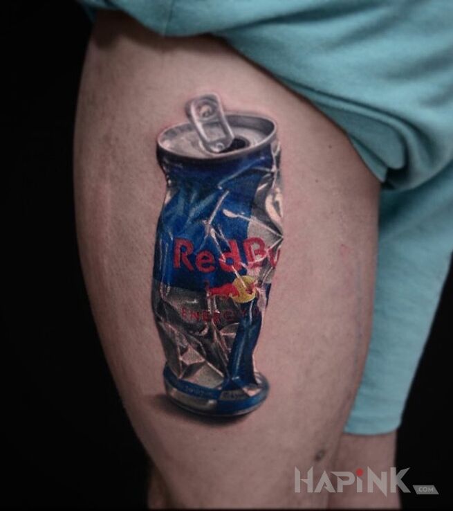 Tattoo Red Bull in 3D motif on the leg