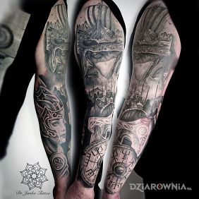 Tatuaż Pełen rękaw w szarościach - NORDIC na ramieniu motyw: 3D styl: realistyczne