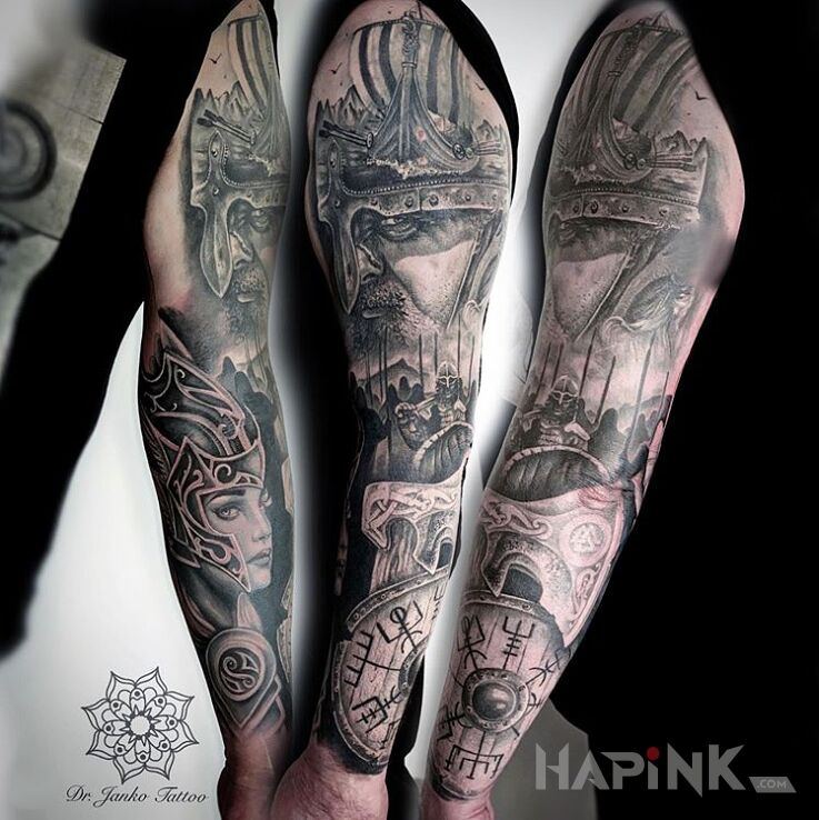 Tattoo Pełen rękaw w szarościach - NORDIC in sleeves motif and realistic style on the upper arm