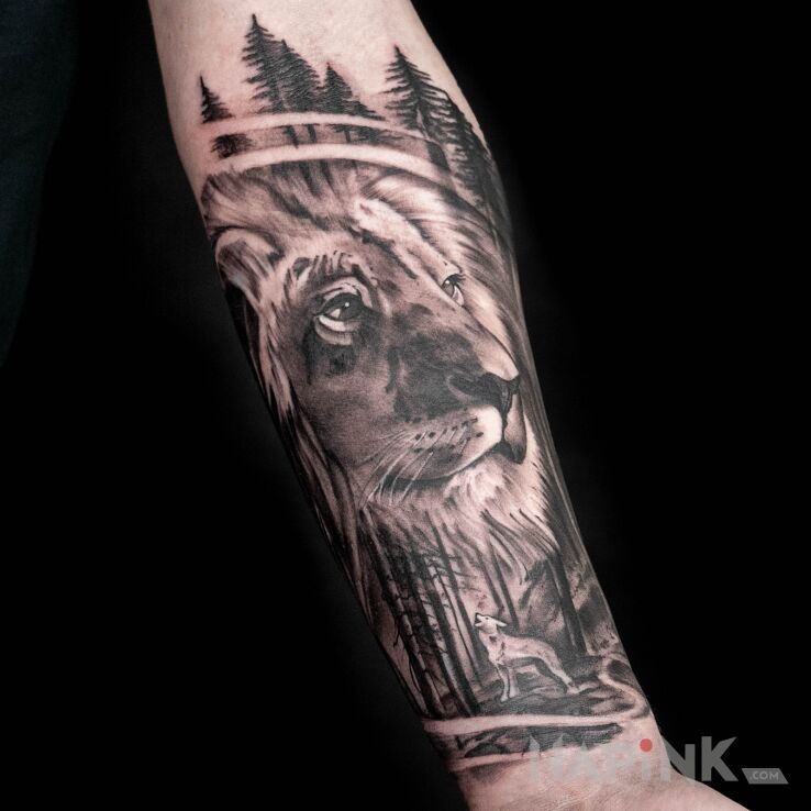 Tattoo Lew i wilk in animals motif and realistic style on the forearm