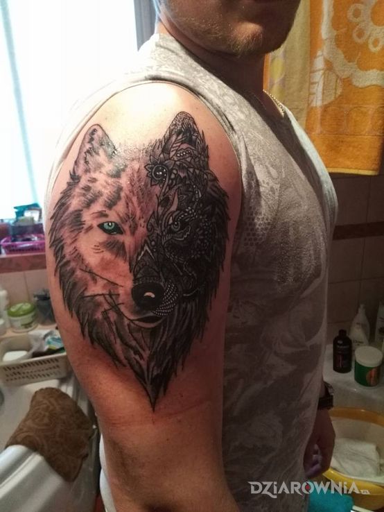 Tatuaż wilk w motywie zwierzęta na ramieniu
