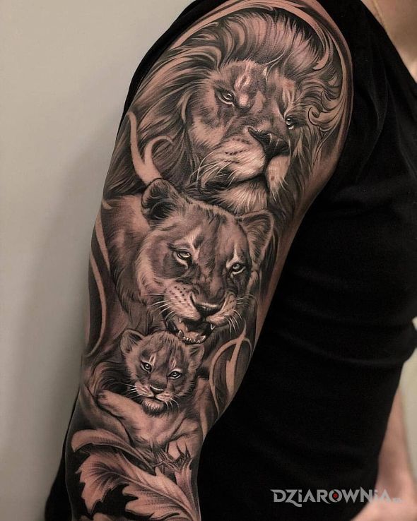 Tatuaż lwia rodzina w motywie czarno-szare i stylu realistyczne na ramieniu