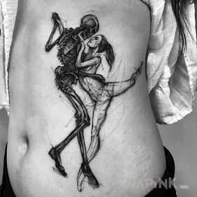 Tattoo Dance macabre? on the ribs motif: characters style: sketch