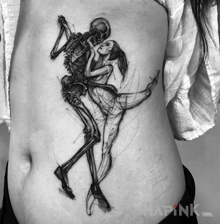 Tattoo Dance makabre? in black and gray motif and sketch style on the ribs