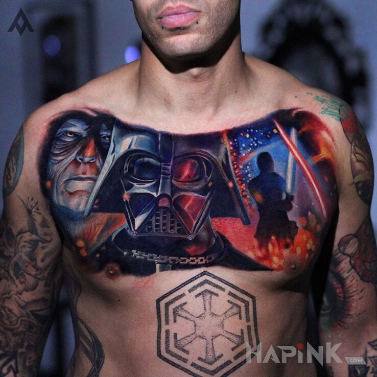 Tattoo Imperator i darth vader in characters motif on the chest