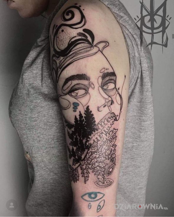 Tatuaż coś w motywie czarno-szare i stylu graficzne / ilustracyjne na ramieniu