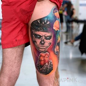 Tattoo Zombie Boy on the leg motif: colorful style: realistic