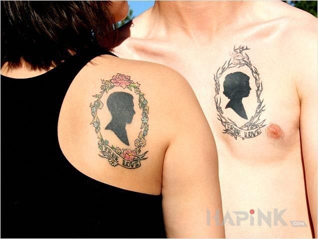Tattoo Portrety in Love motif on the shoulder blades
