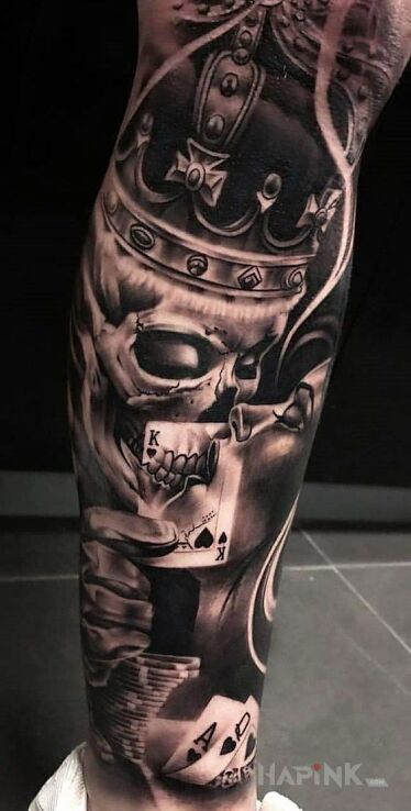 Tattoo Calus in black and gray motif and realistic style on the calf