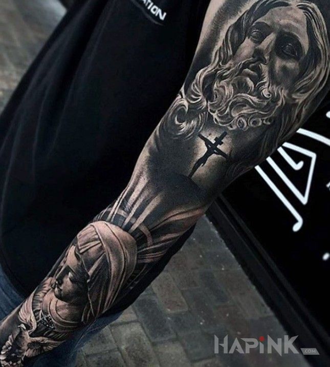Tattoo Jezus Chrystus in 3D motif and realistic style on the forearm