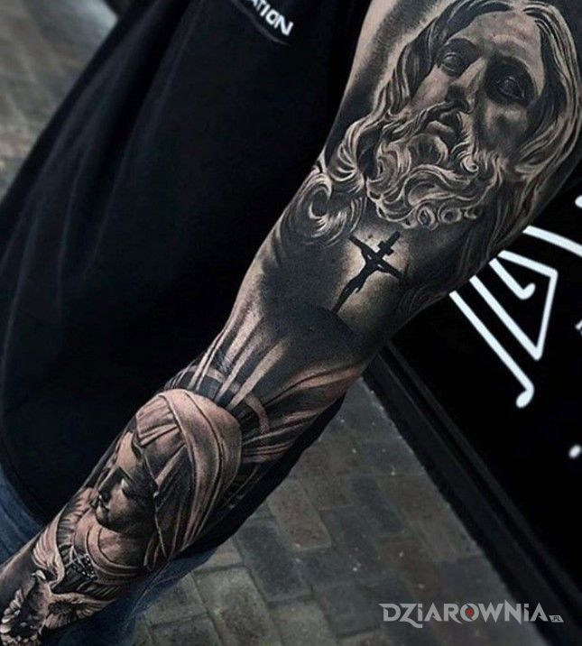 Tatuaż jezus chrystus w motywie czarno-szare i stylu realistyczne na przedramieniu