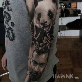 Tattoo Samurai and panda on the upper arm motif: sleeves