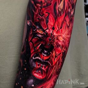 Tattoo Darth Maul on the forearm motif: colorful style: realistic