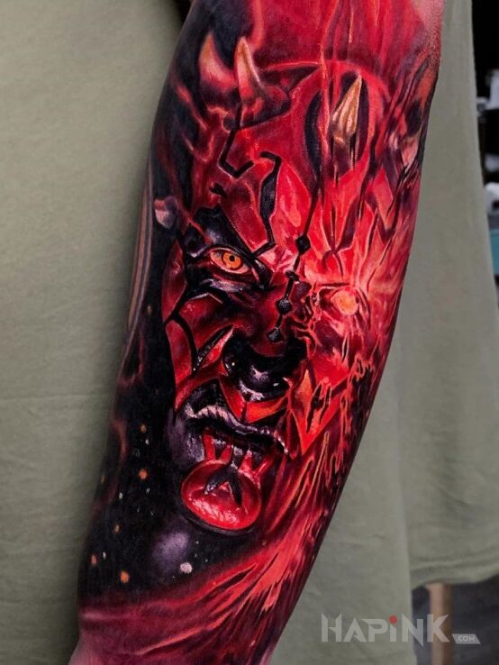 Tattoo Darth Maul in characters motif and realistic style on the forearm