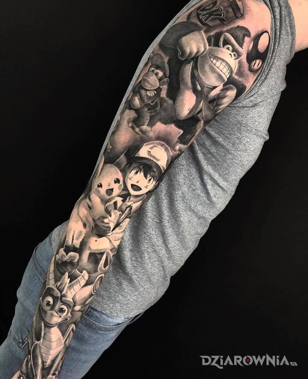 Tatuaż postaci z gier wideo w motywie czarno-szare i stylu kreskówkowe / komiksowe na ramieniu