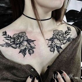 Tattoo Graphic flowers on the collarbone motif: black and gray style: dotwork