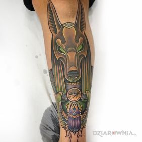 Tatuaż Anubis od Doktora Janko na łydce motyw: kolorowe styl: graficzne / ilustracyjne